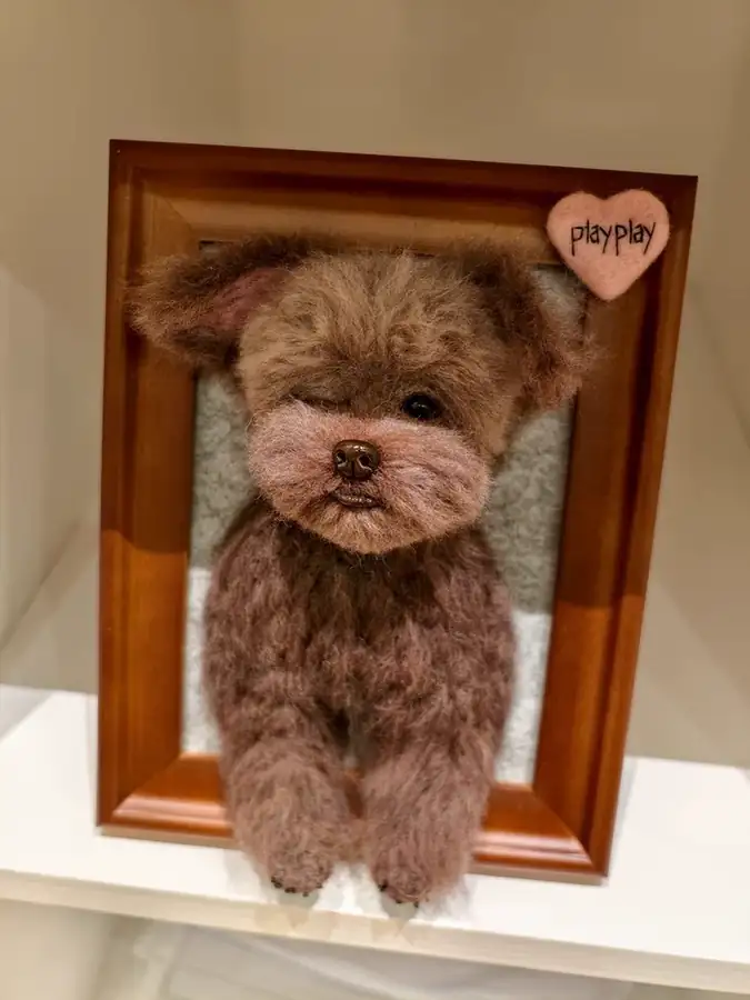 Wool felt pet portrait displayed in a wooden frame.