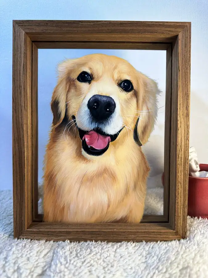 A framed golden retriever portrait.