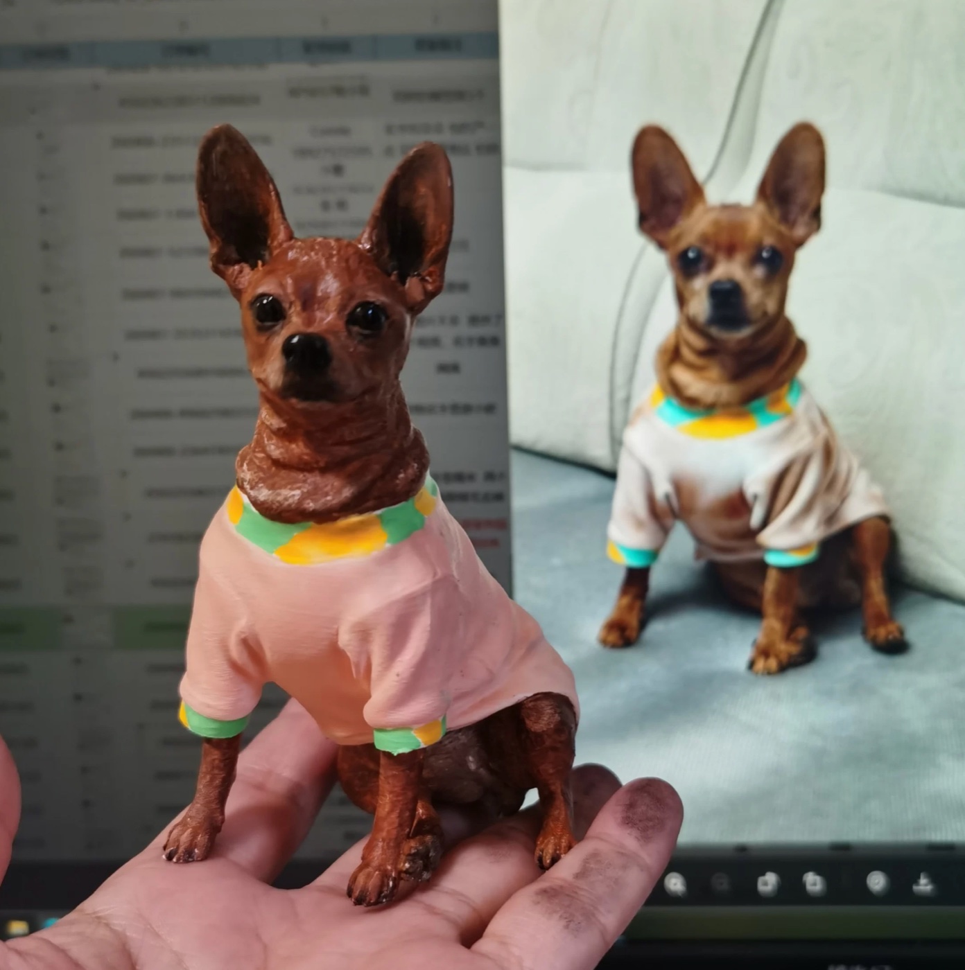 Close-up custom 3D printed dog figurine with hand painted outfit detail.