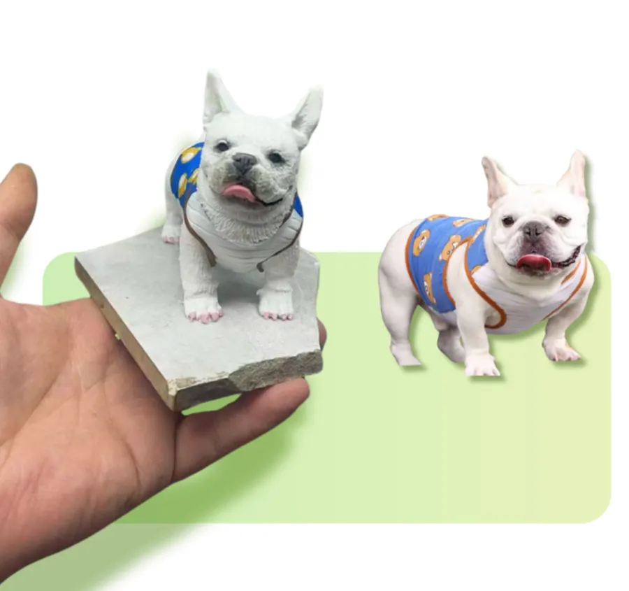 A miniature dog model beside its photo reference.