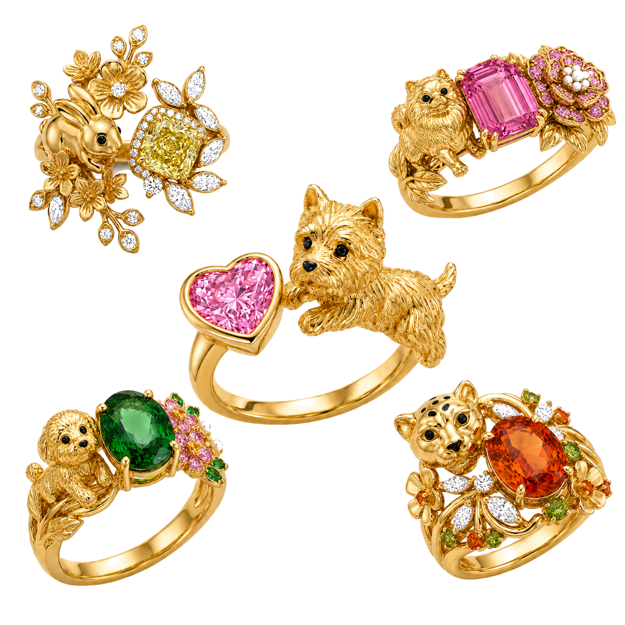 Custom gold pet jewelry collection with rabbit, dog, and cat gemstone ring designs.