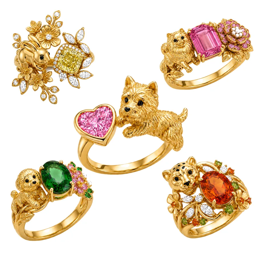 Custom gold pet jewelry rings with animal details and gemstones.