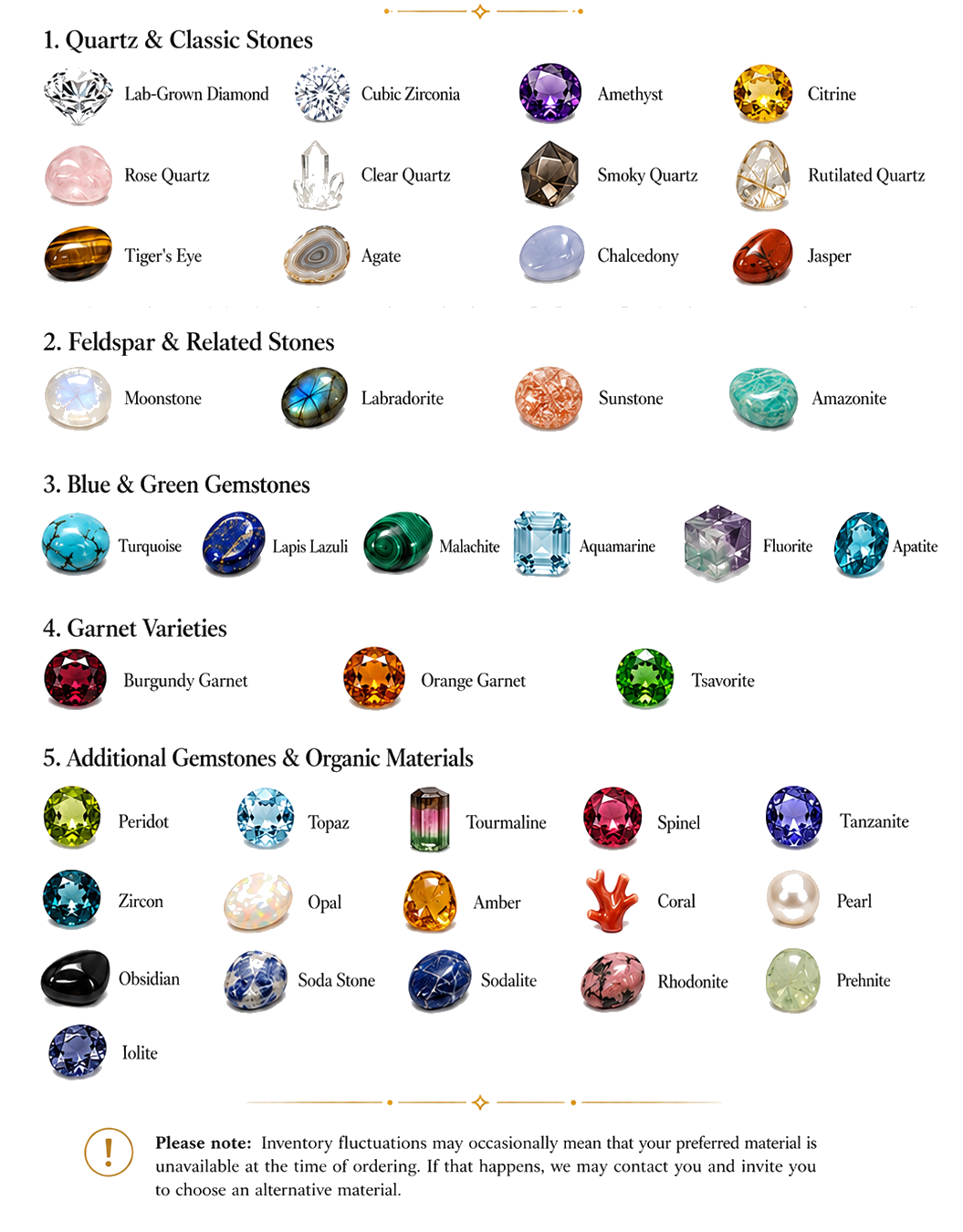 Gemstone and decorative material options for custom pet jewelry.