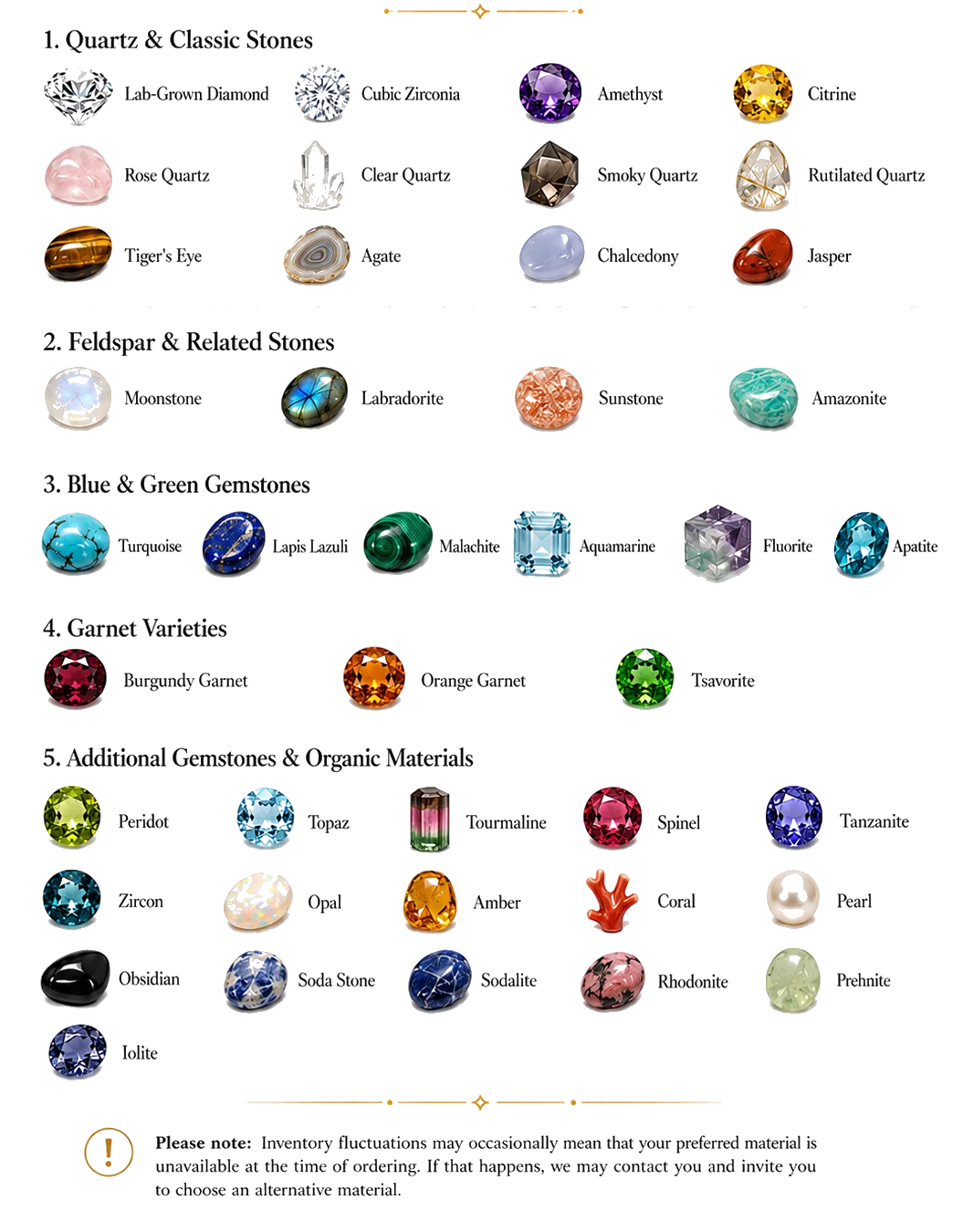 Gemstone, pearl, enamel, and decorative material choices for custom pet jewelry.