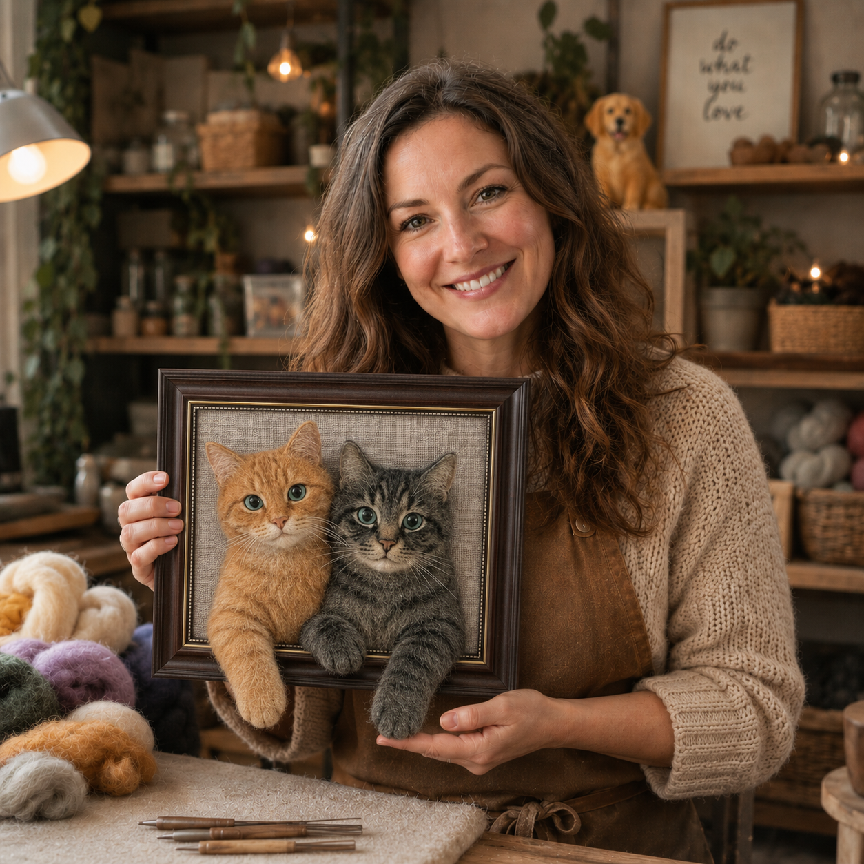 A maker in a warm studio holding a custom pet keepsake.