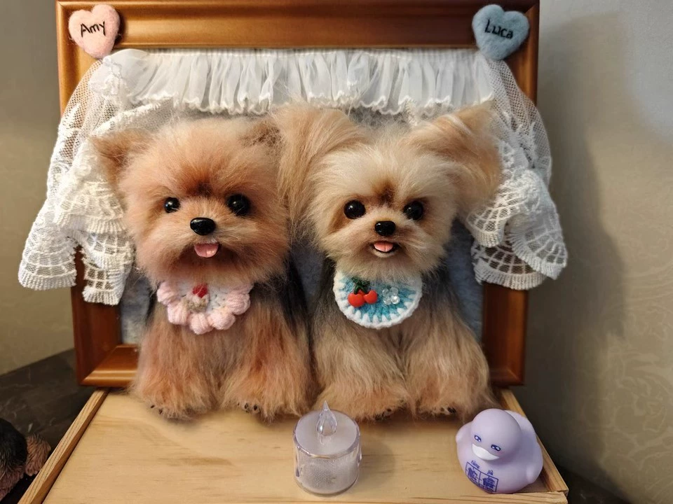 Mini custom wool felt pet scene display.